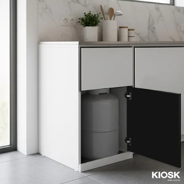 Kitchen cabinet -stove tank keeper